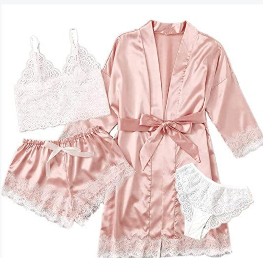 Four Piece Silk Satin Bathrobe Pajamas Set - sharpe elegance1 four-piece-silk-satin-bathrobe-pajamas-set, 