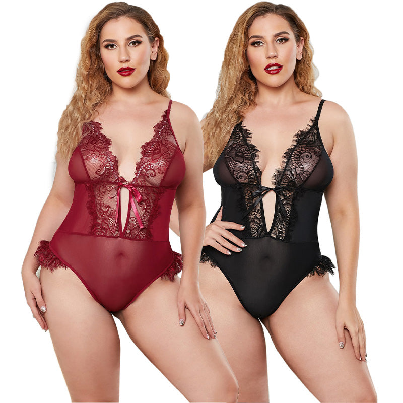 Transparent Eyelash Trim Deep V Mesh Nighty - sharpe elegance1 transparent-eyelash-trim-deep-v-mesh-nighty, Curvy, Plus Size