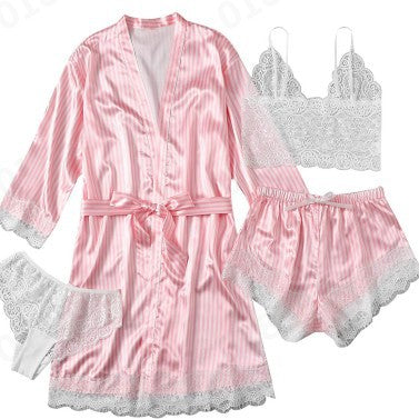 Four Piece Silk Satin Bathrobe Pajamas Set - sharpe elegance1 four-piece-silk-satin-bathrobe-pajamas-set, 