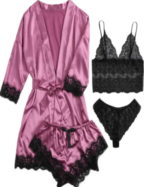 Four Piece Silk Satin Bathrobe Pajamas Set - sharpe elegance1 four-piece-silk-satin-bathrobe-pajamas-set, 